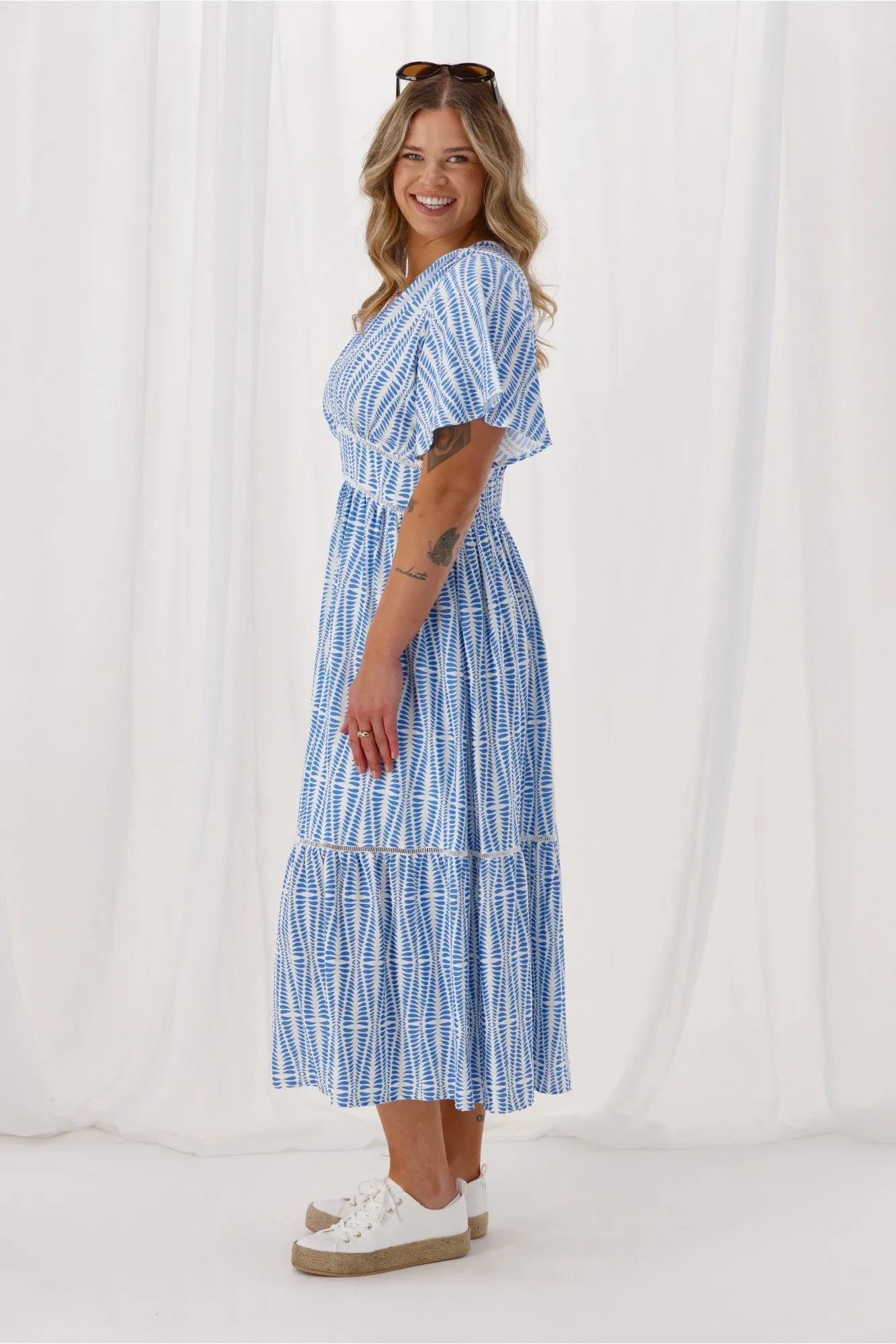 Gloss The Label Keagan Ladder Lace Dress Blue Geo Print sold by Shine On product image thumbnail 5