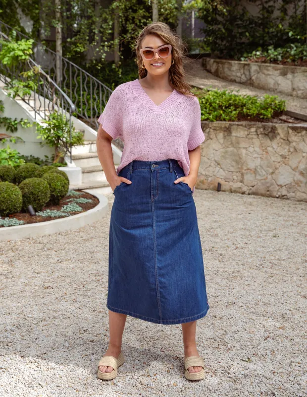 Elm Scallop Edge Denim Skirt Mid Blue Wash sold by Shine On