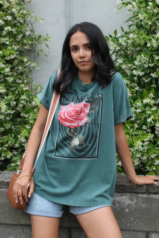 Rebel Club Liberty Rose Capsleeve Tee Green sold by Shine On