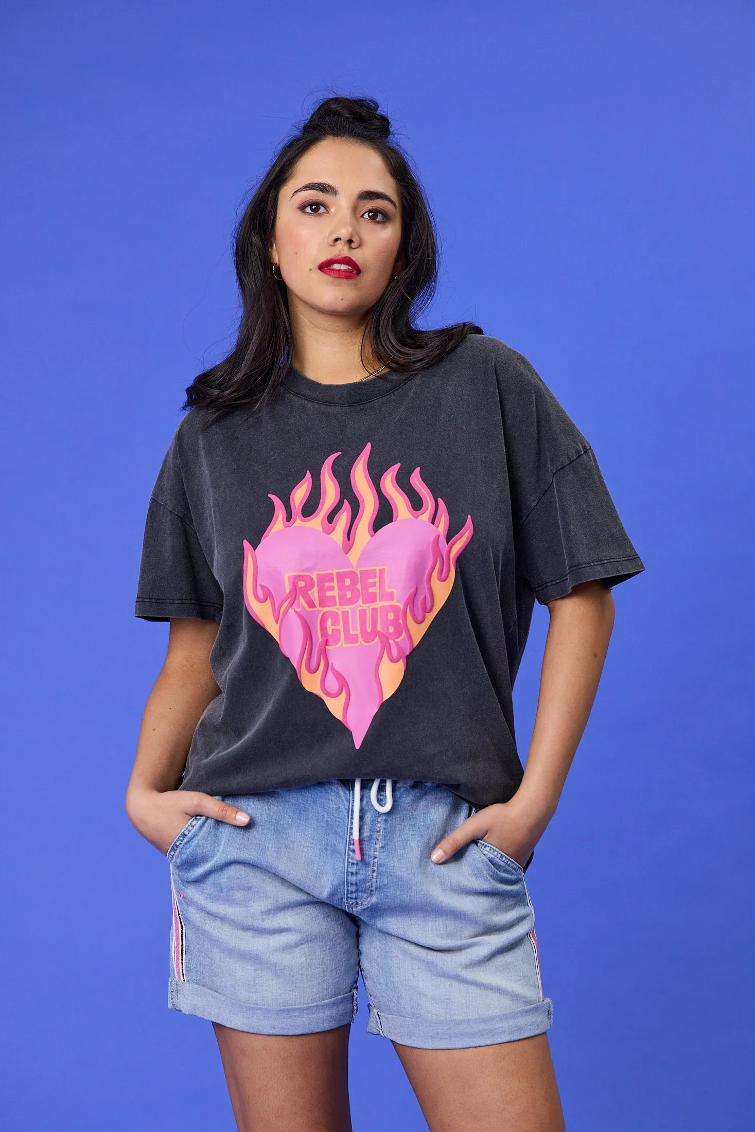Rebel Club Flaming Heart Boyfriend Tee Washed Black sold by Shine On product image thumbnail 2