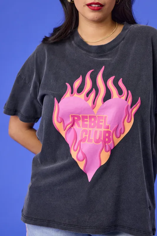 Rebel Club Flaming Heart Boyfriend Tee Washed Black sold by Shine On