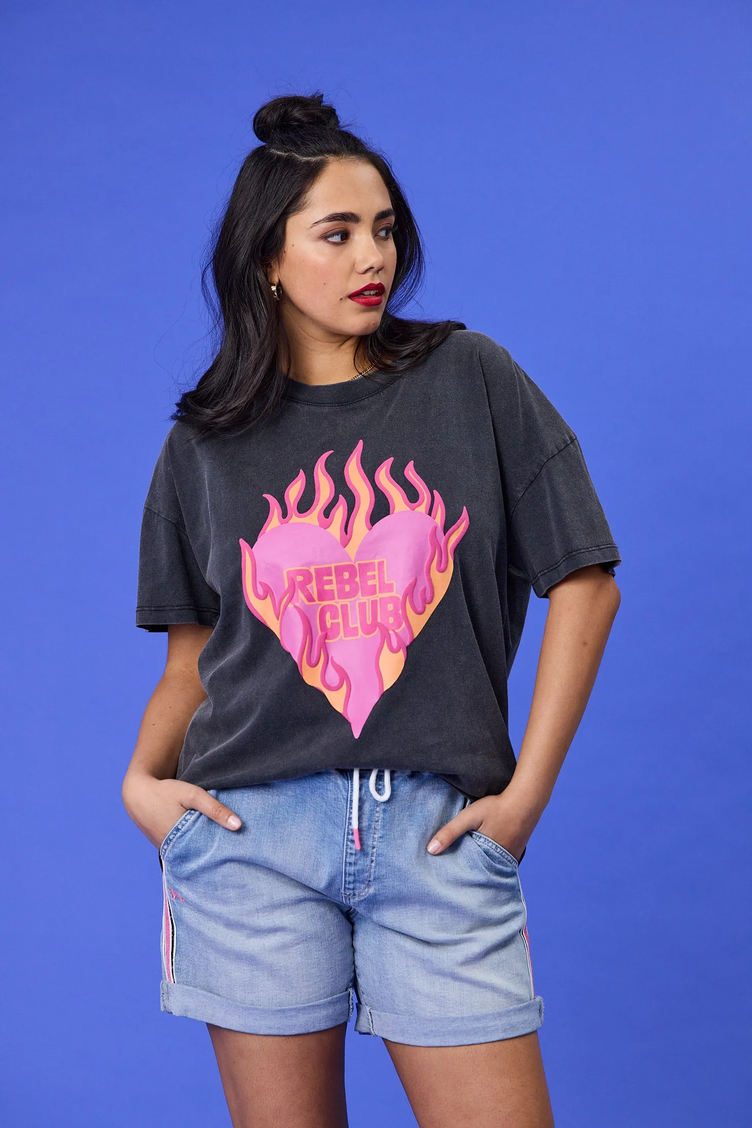 Rebel Club Flaming Heart Boyfriend Tee Washed Black sold by Shine On product image thumbnail 3