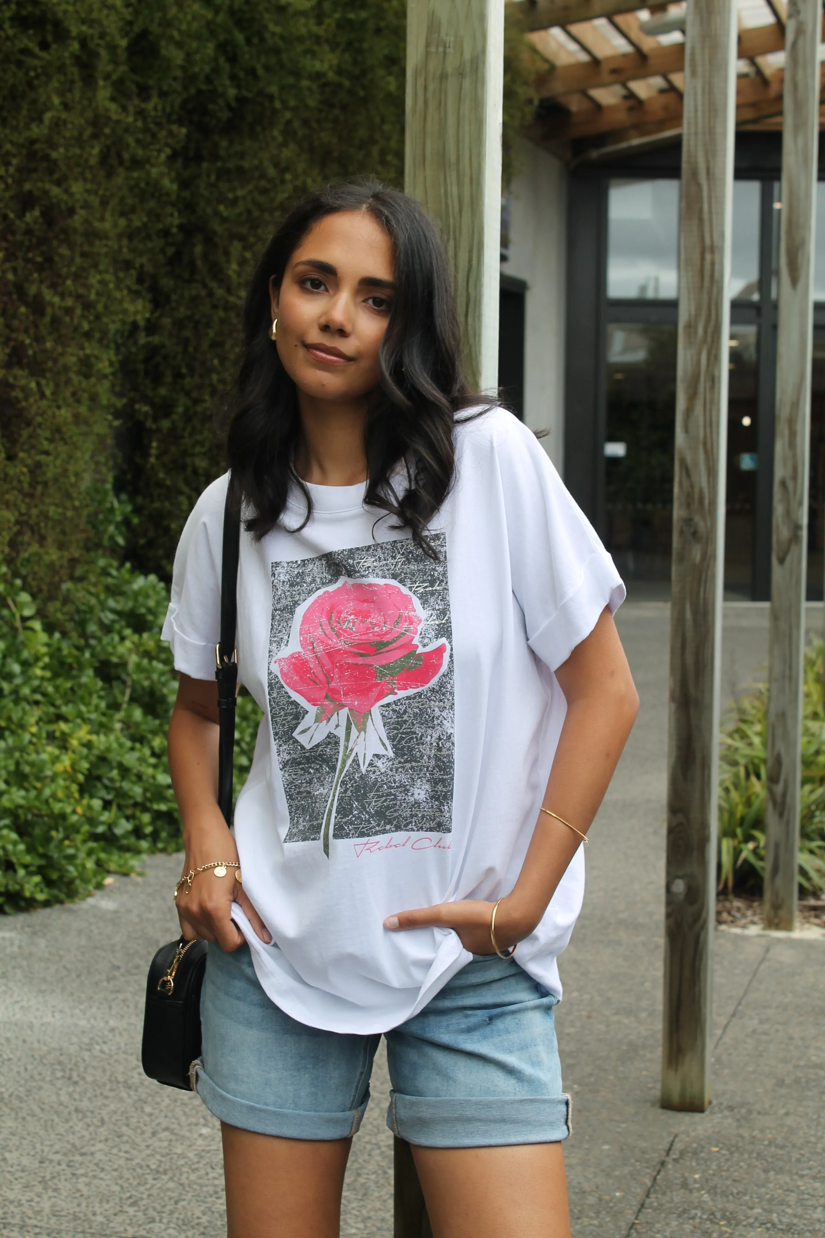 Rebel Club Rose Beauty Capsleeve Tee White sold by Shine On