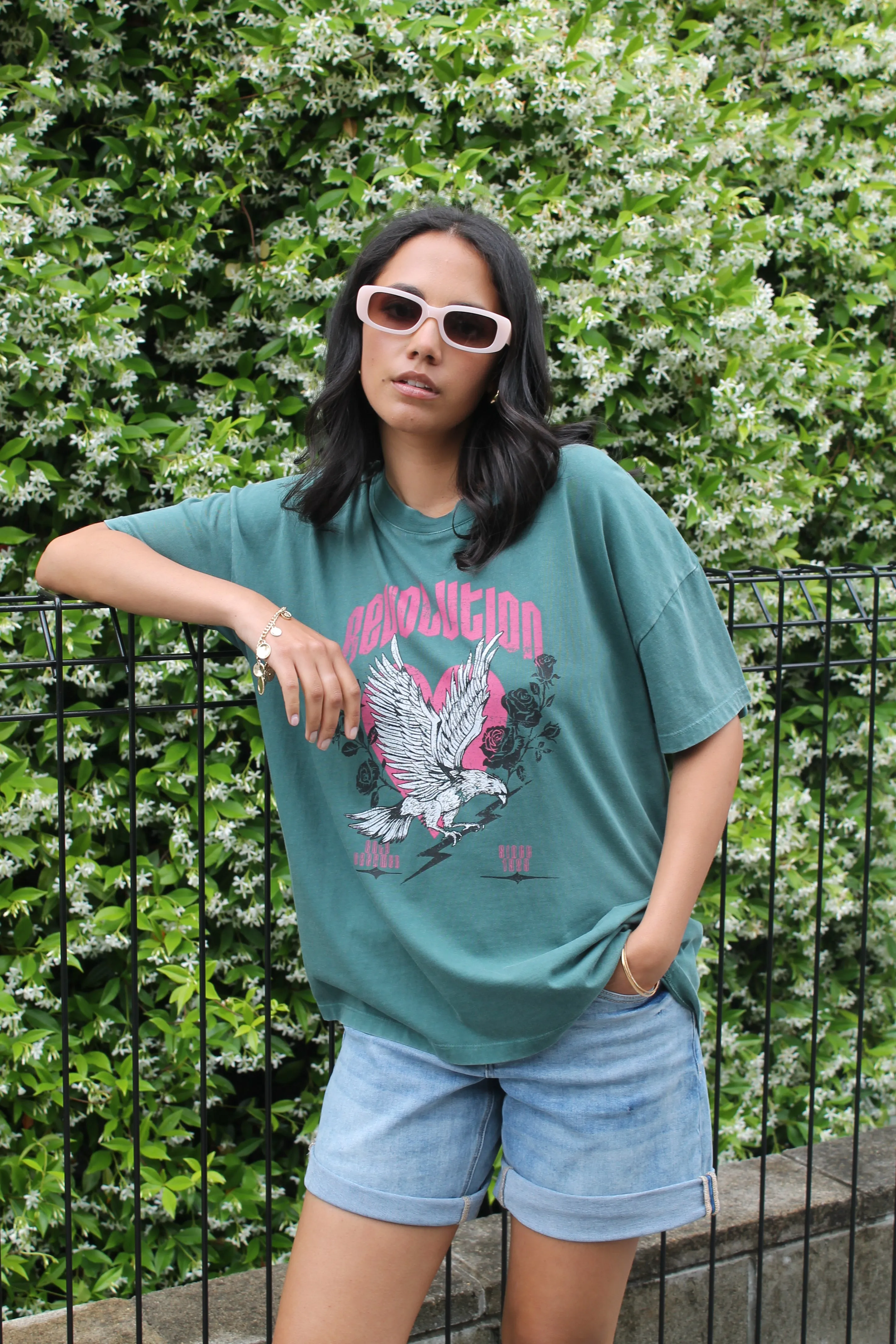 Rebel Club Revolution Boyfriend Tee Green sold by Shine On