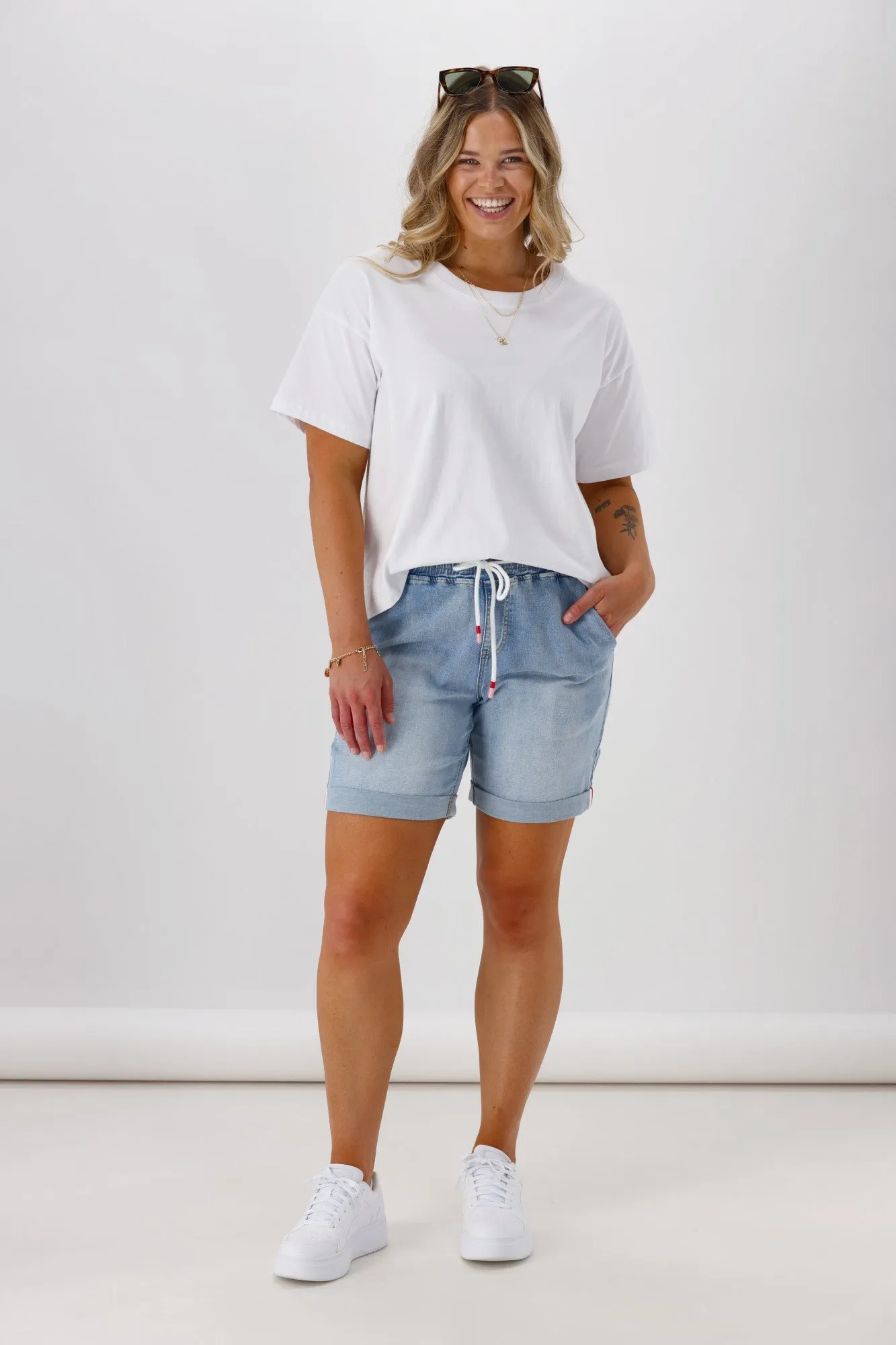 Shine On Label Cherry Elastic Waist Denim Short Washed Blue sold by Shine On product image thumbnail 4