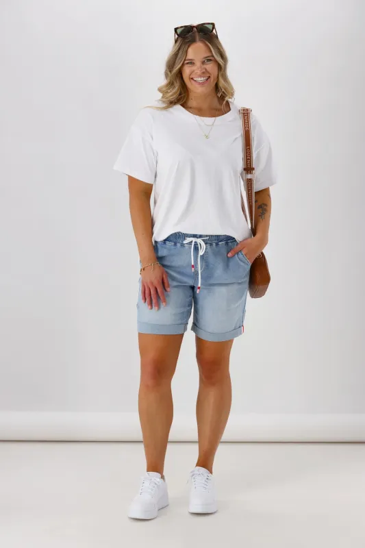 Shine On Label Cherry Elastic Waist Denim  Short Washed Blue sold by Shine On