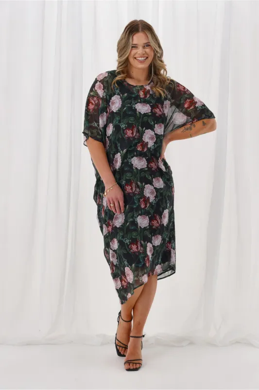 Celebration Mira Tuck Dress Black Floral sold by Shine On