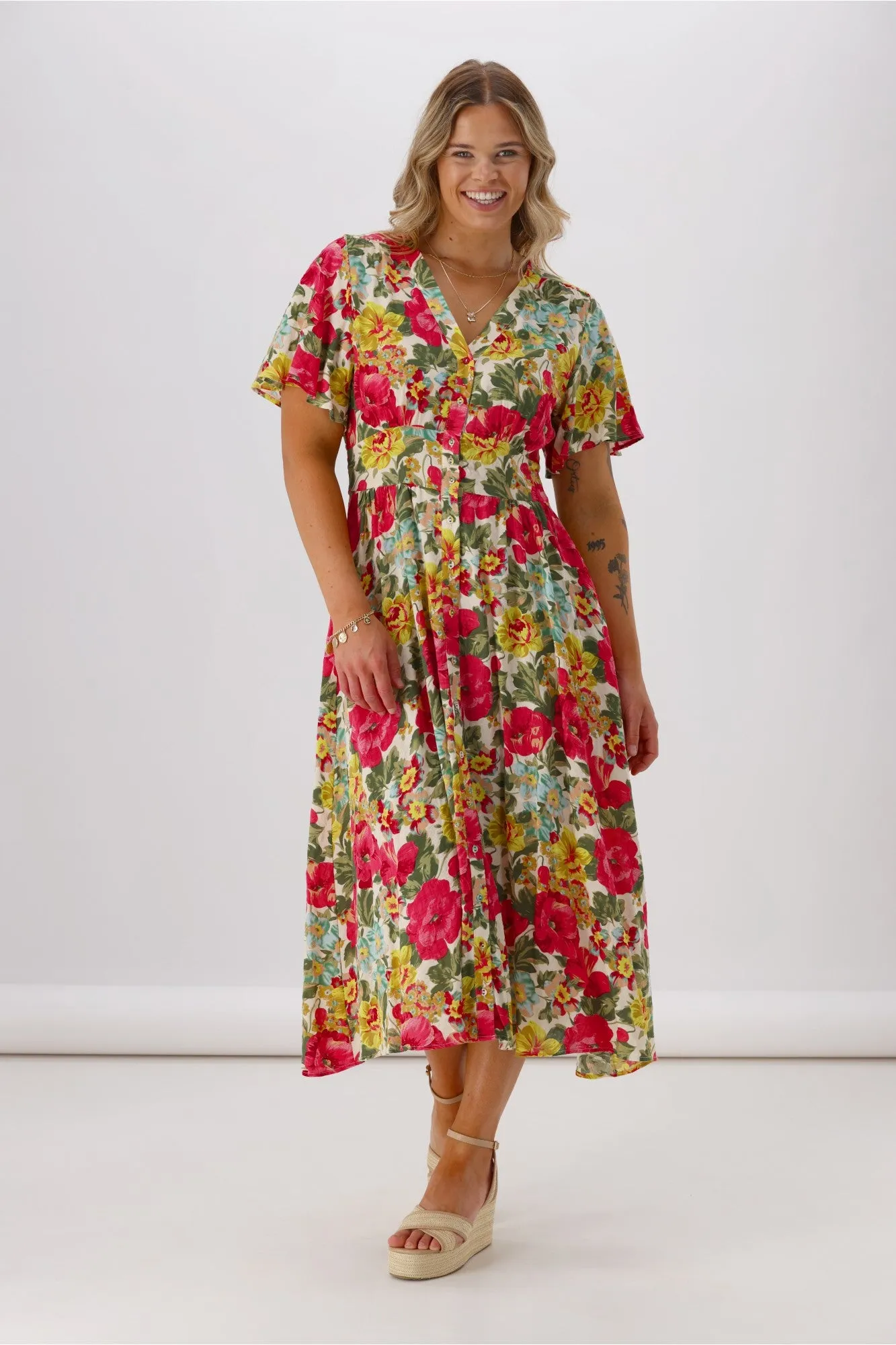 Sunday Boho Romina Button Through Flutter Sleeve Dress Pink Floral Print sold by Shine On product image thumbnail 3