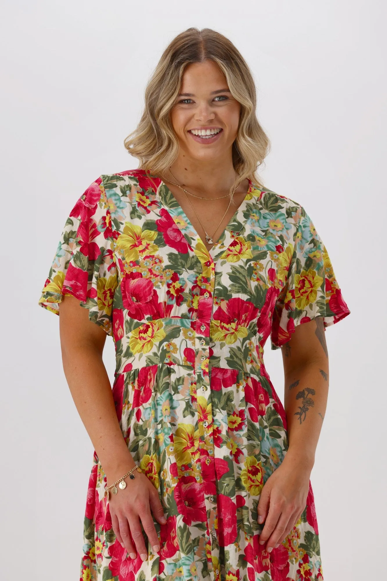 Sunday Boho Romina Button Through Flutter Sleeve Dress Pink Floral Print sold by Shine On product image thumbnail 2