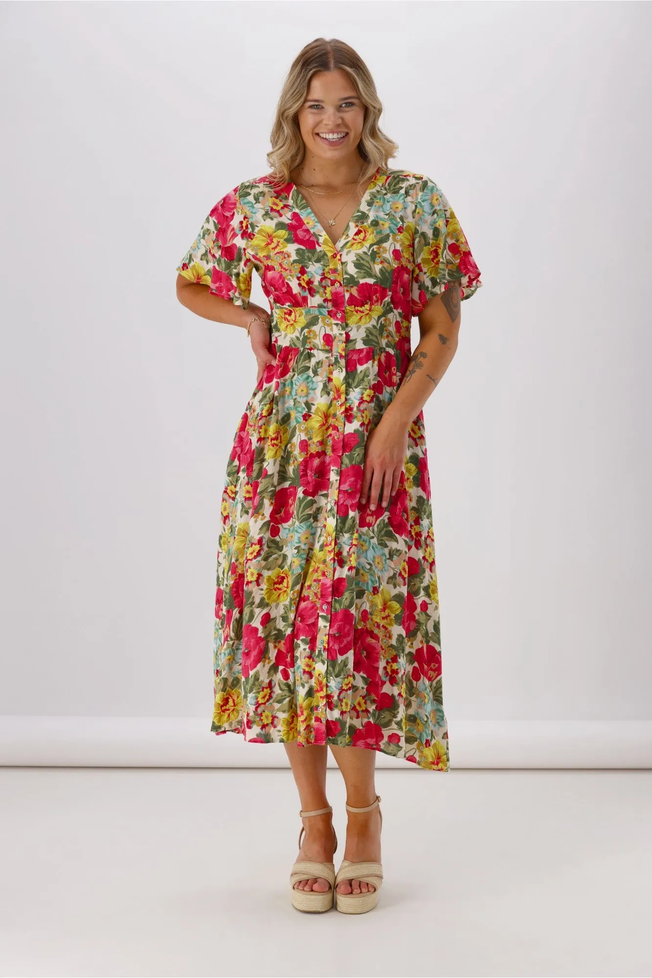 Sunday Boho Romina Button Through Flutter Sleeve Dress Pink Floral Print sold by Shine On product image thumbnail 4