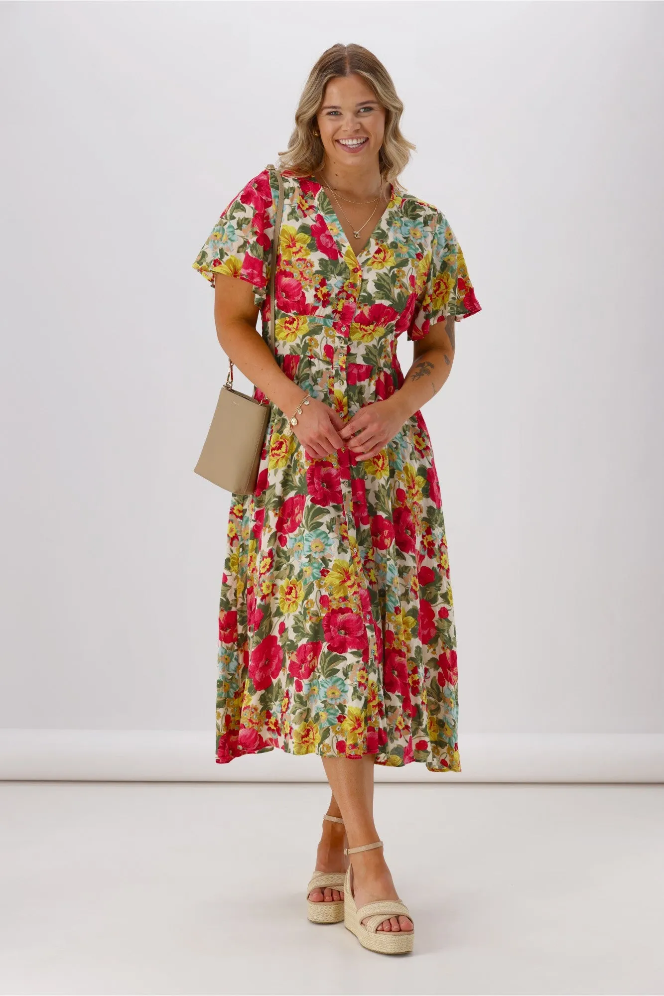 Sunday Boho Romina Button Through Flutter Sleeve Dress Pink Floral Print sold by Shine On