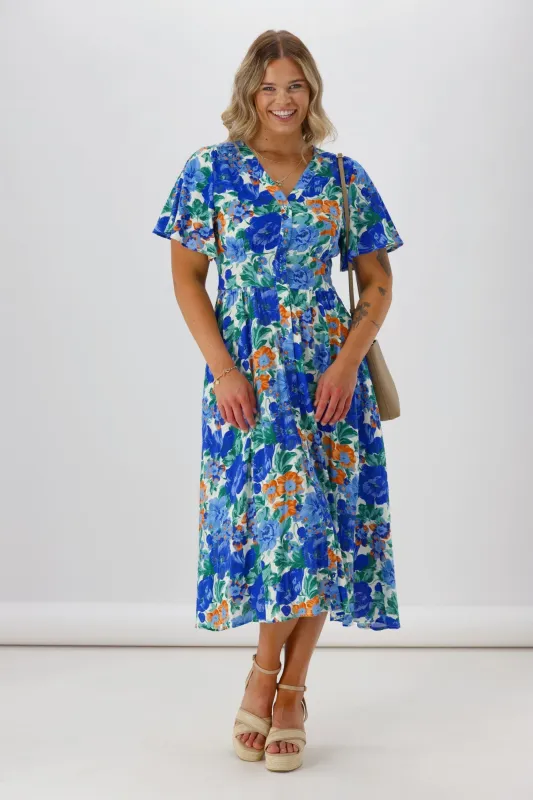 Sunday Boho Romina Button Through Flutter Sleeve Dress Blue Floral Print sold by Shine On