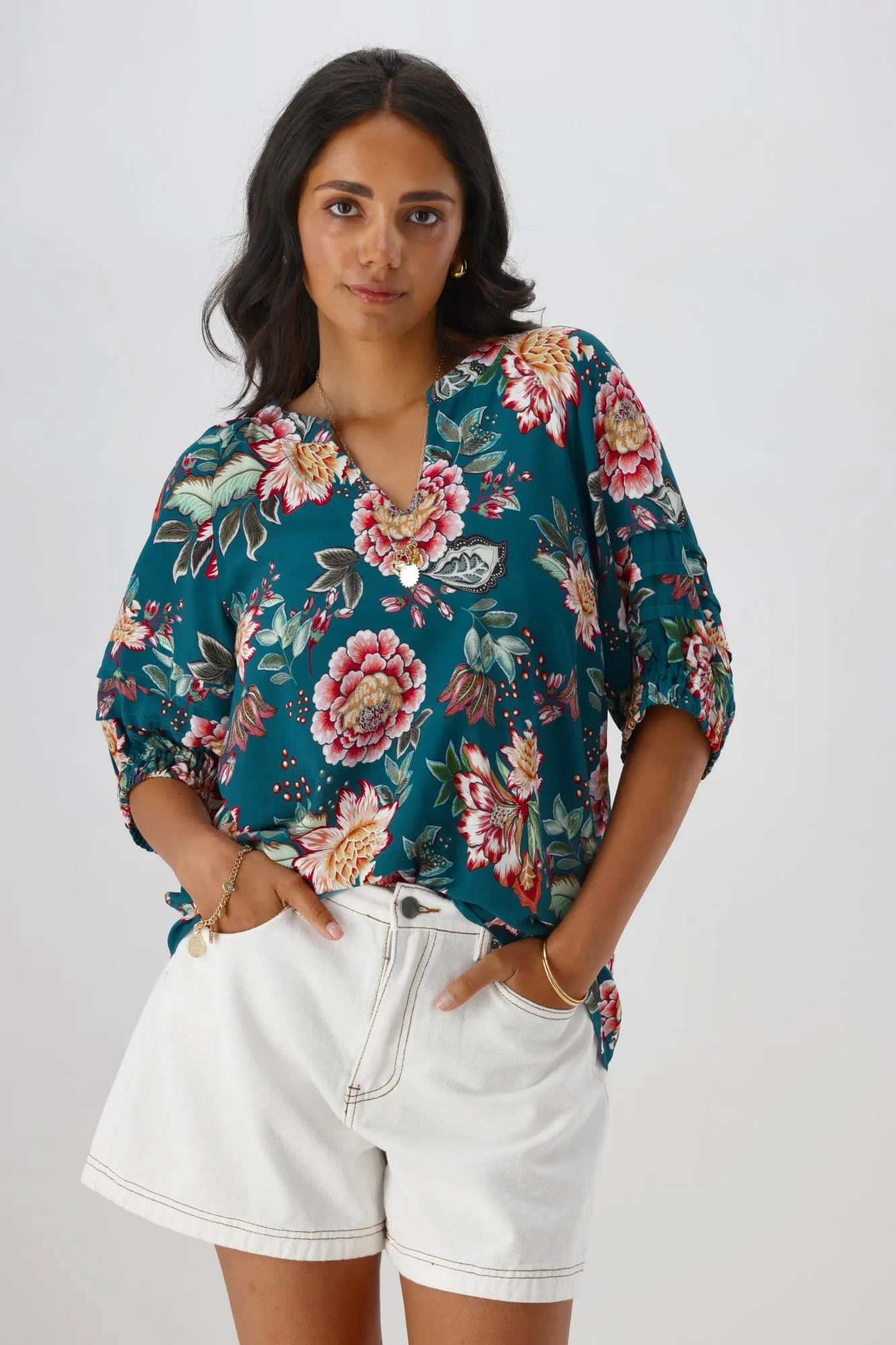 Sunday Boho Asia Puff Sleeve Top Teal Floral sold by Shine On product image thumbnail 2