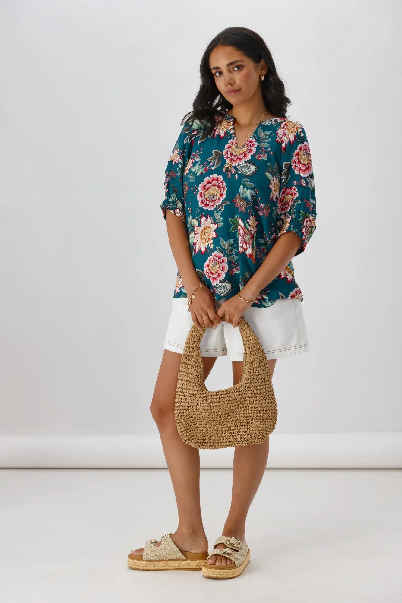 Sunday Boho Asia Puff Sleeve Top Teal Floral sold by Shine On product image thumbnail 4