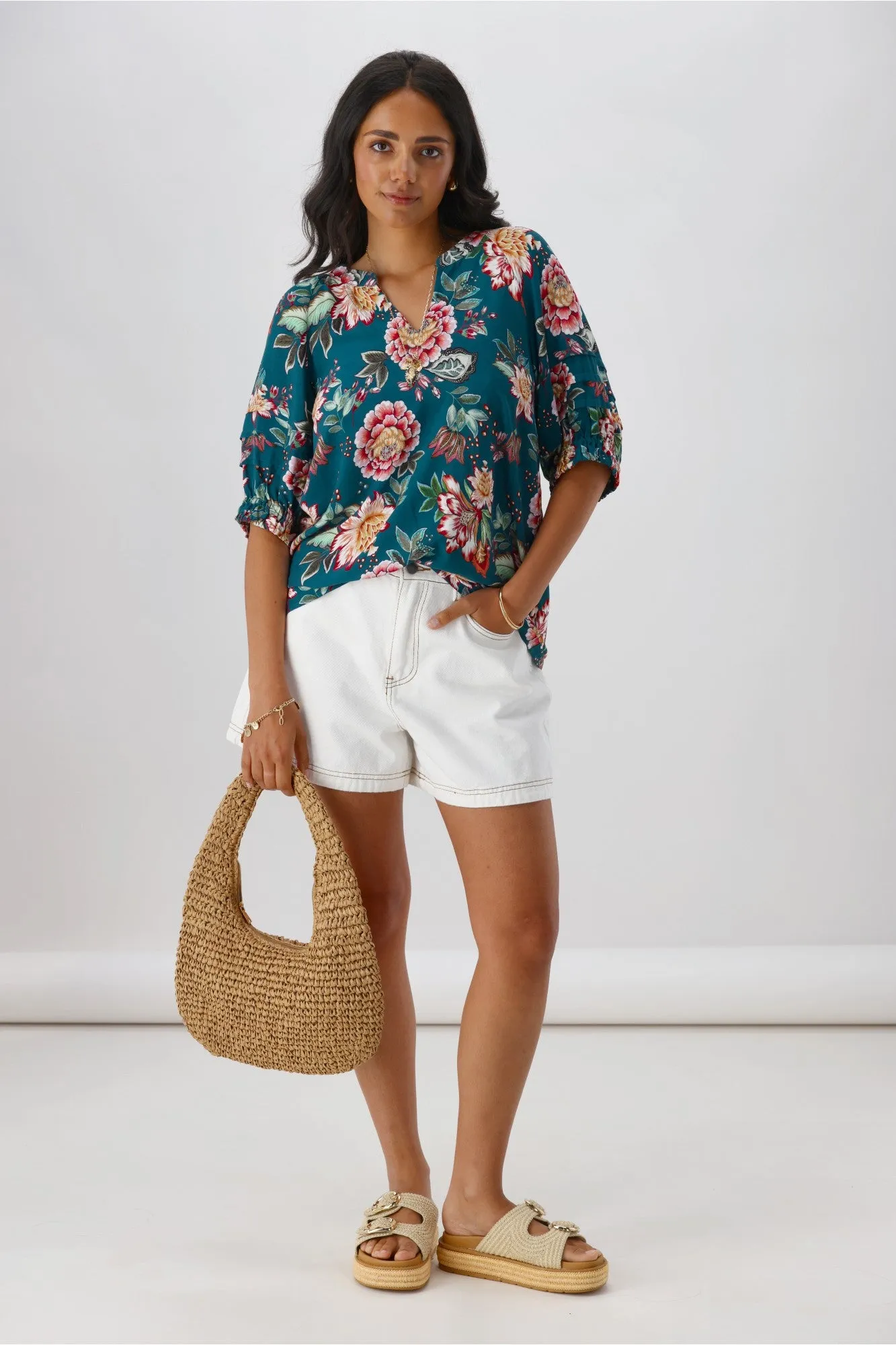 Sunday Boho Asia Puff Sleeve Top Teal Floral sold by Shine On product image thumbnail 3