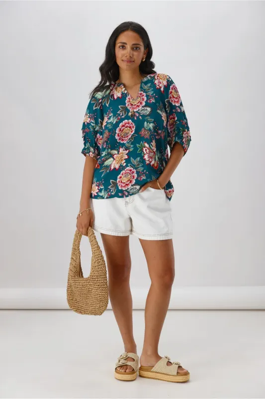 Sunday Boho Asia Puff Sleeve Top Teal Floral made by Shine On