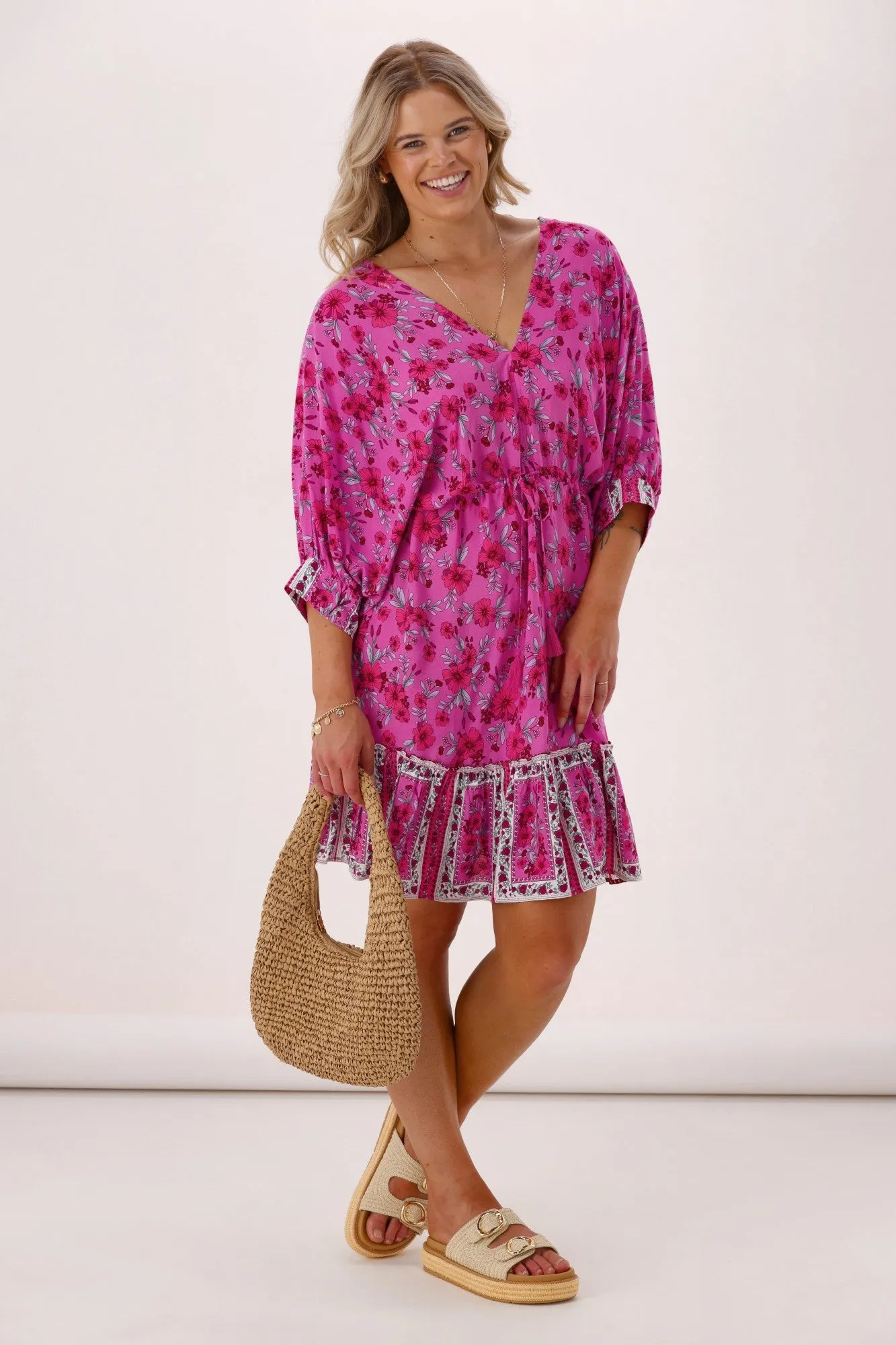 Sunday Boho Kelly Dropped Shoulder V Neck Dress Pink Print sold by Shine On