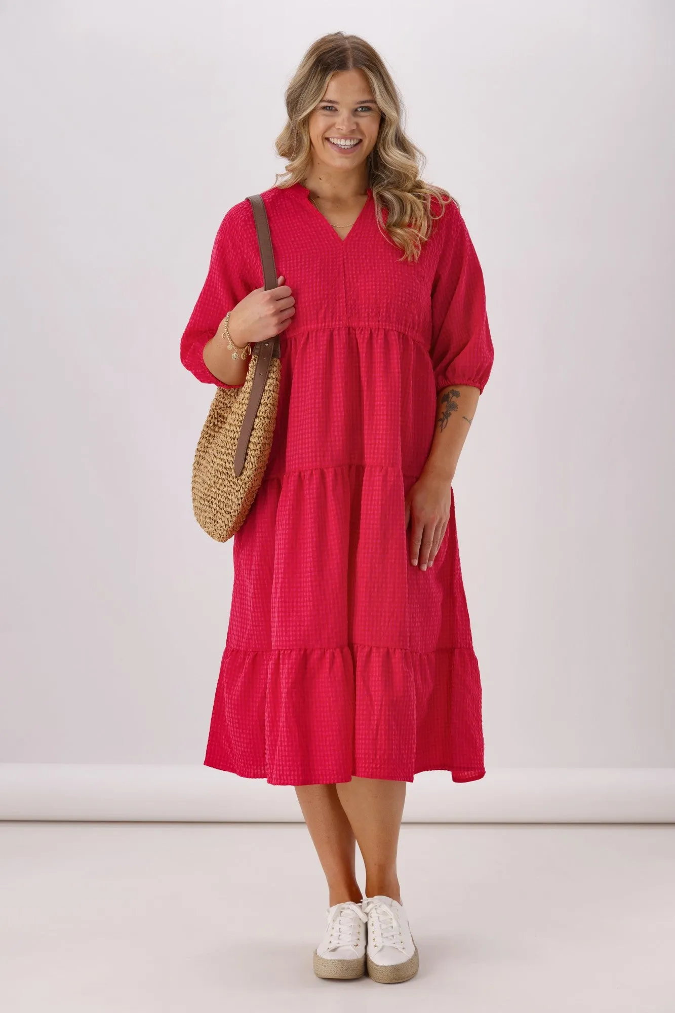 Sunday Boho Honor 3/4 Sleeve Midi Dress Gingham sold by Shine On