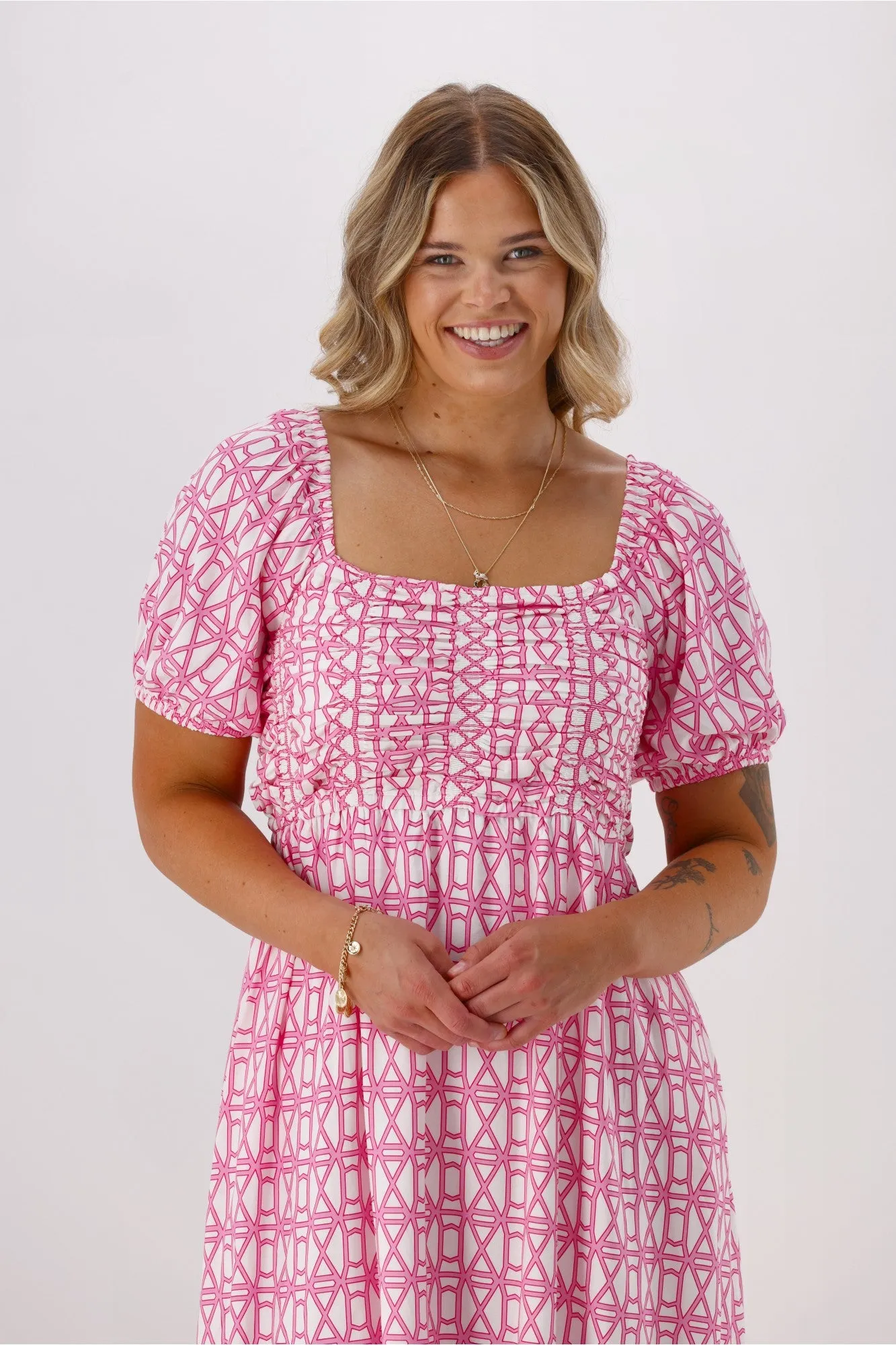 Shine On Label Yumi Dress Pink White Geo sold by Shine On product image thumbnail 4