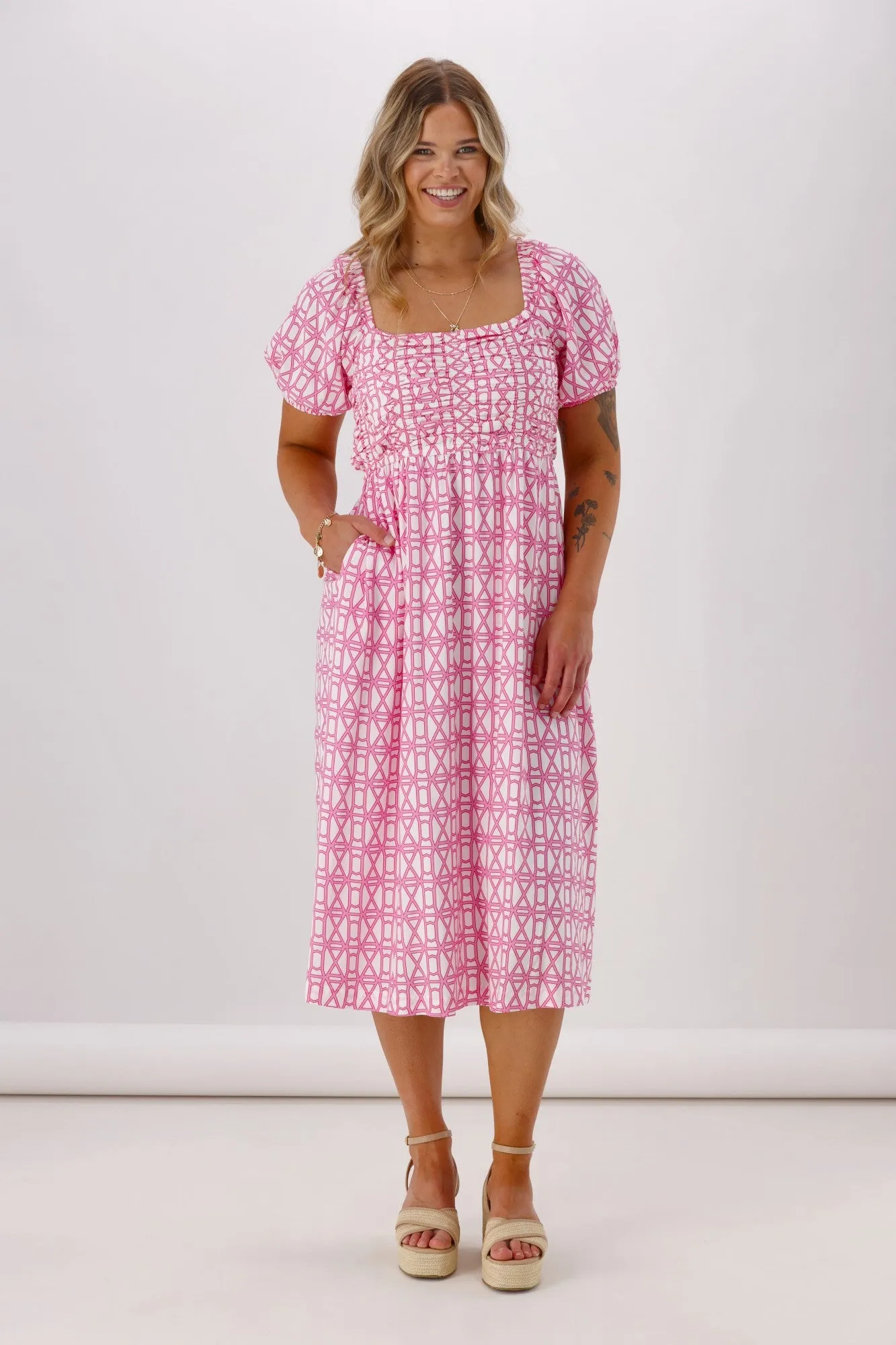 Shine On Label Yumi Dress Pink White Geo sold by Shine On product image thumbnail 2