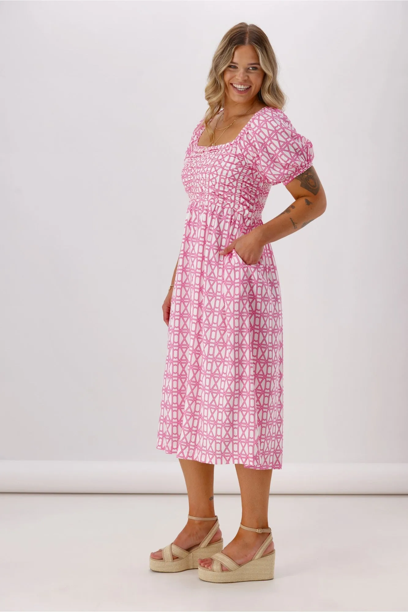 Shine On Label Yumi Dress Pink White Geo sold by Shine On product image thumbnail 5
