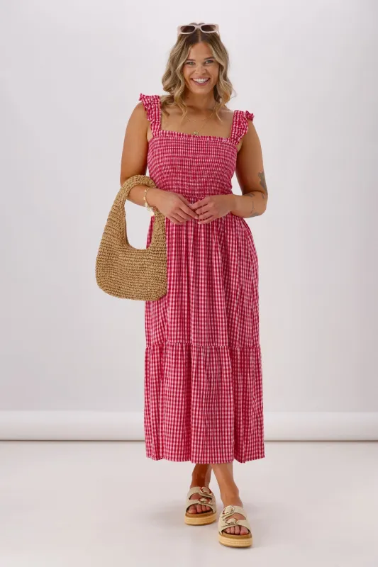 Shine On Label Addison Shirred Strap Maxi Dress Pink Red Gingham sold by Shine On