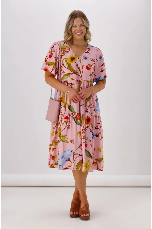Sunday Boho Rumi V Neck Tier Dress Pink Floral sold by Shine On