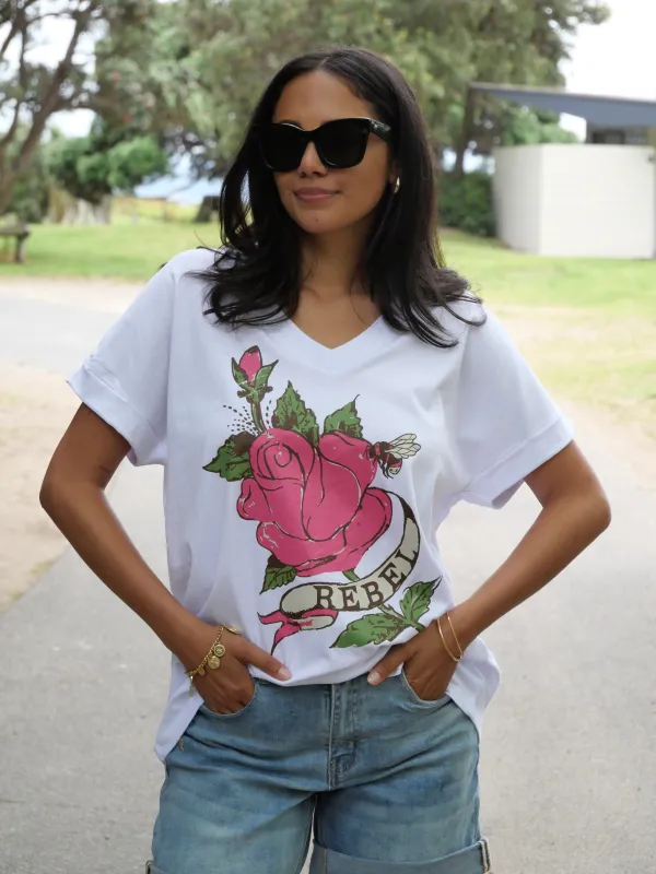 Rebel Club Vintage Rose Cuff V Tee White sold by Shine On