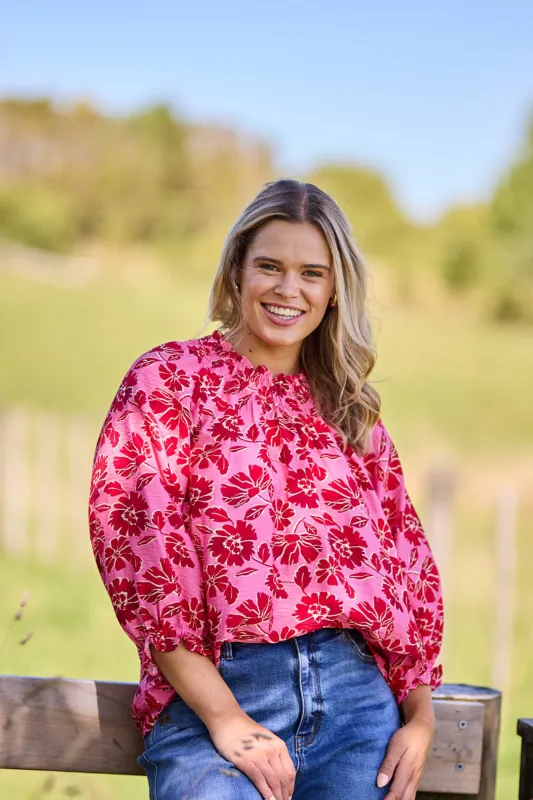 Gloss The Label Rosalie Shirred Neck Top Pink Red Floral Pre Order Due End of Feb sold by Shine On