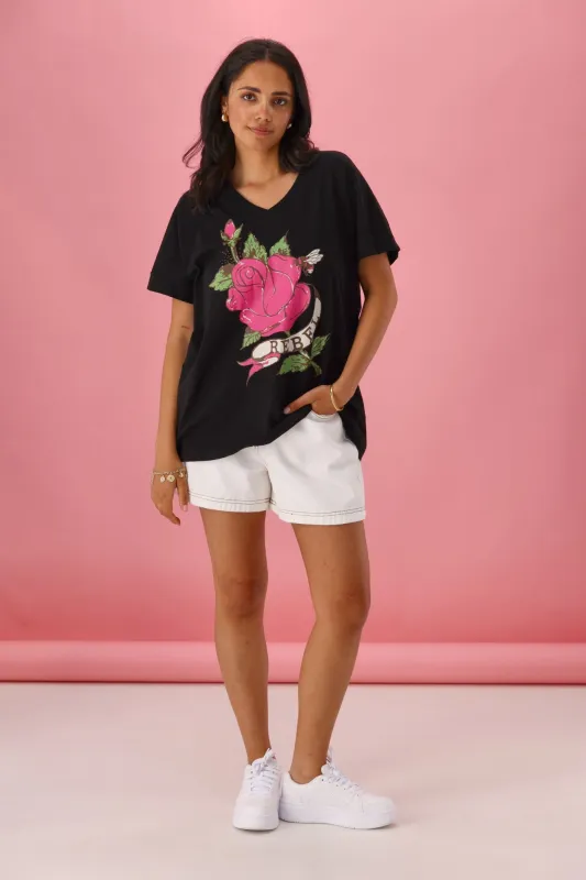 Rebel Club Vintage Rose Cuff V Tee Black sold by Shine On