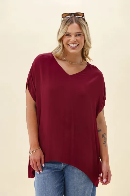 Shine On Label Summer Essential Drape V Neck Top Wine made by Shine On