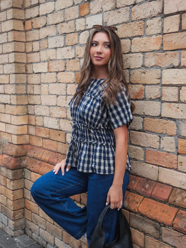 Ayva Lola Check Top Navy sold by Shine On