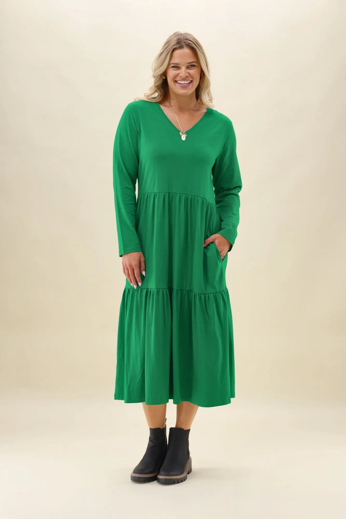 Shine On Essentials Long Sleeve Tiered Dress Forest Green sold by Shine On product image thumbnail 3