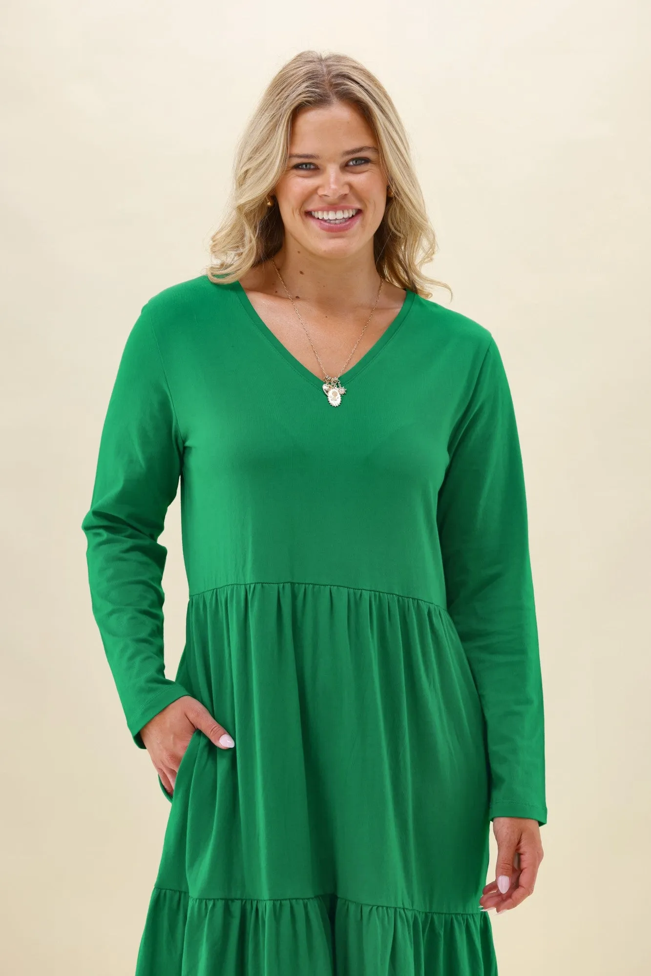 Shine On Essentials Long Sleeve Tiered Dress Forest Green sold by Shine On product image thumbnail 2