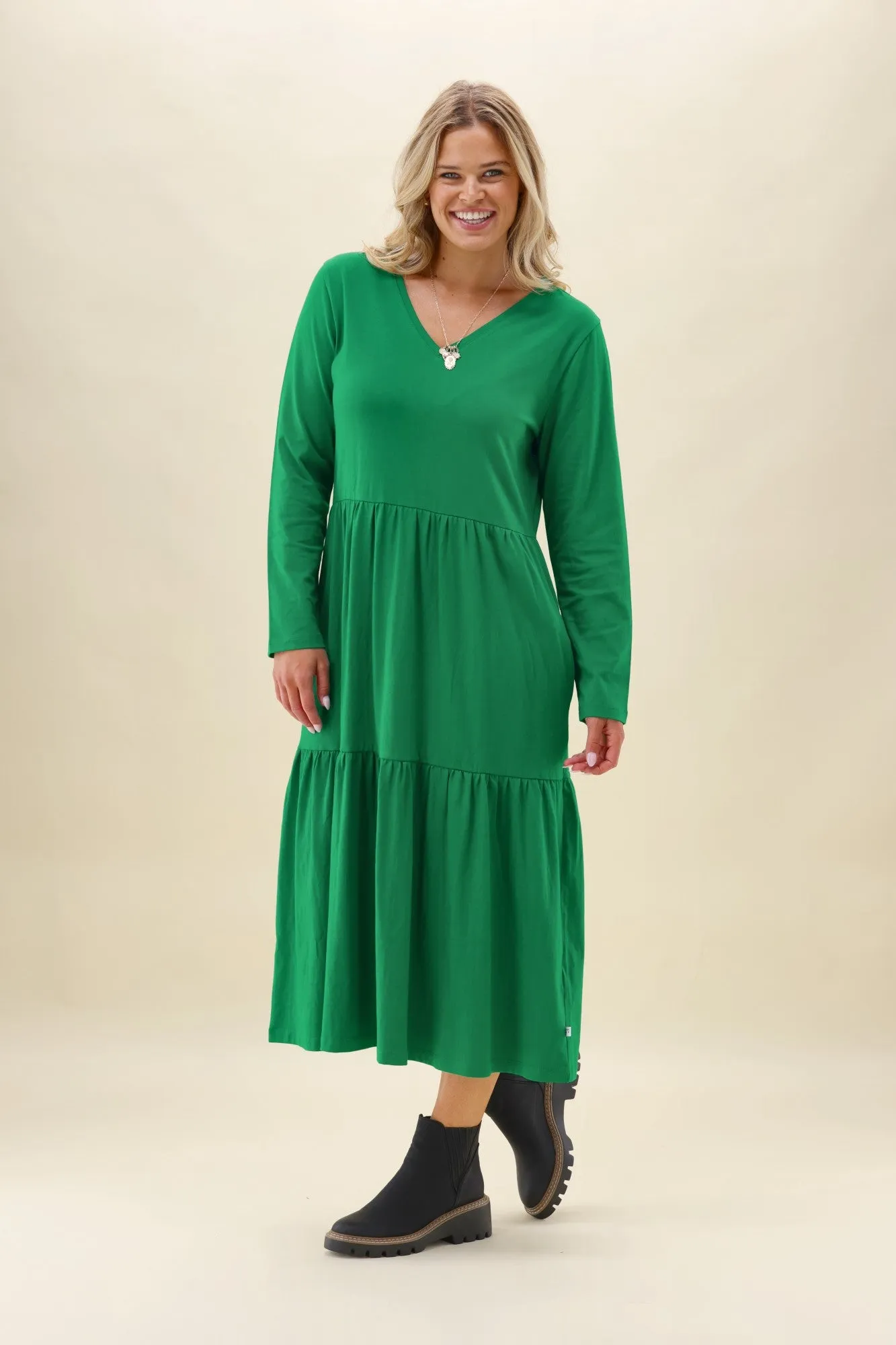 Shine On Essentials Long Sleeve Tiered Dress Forest Green sold by Shine On product image thumbnail 4