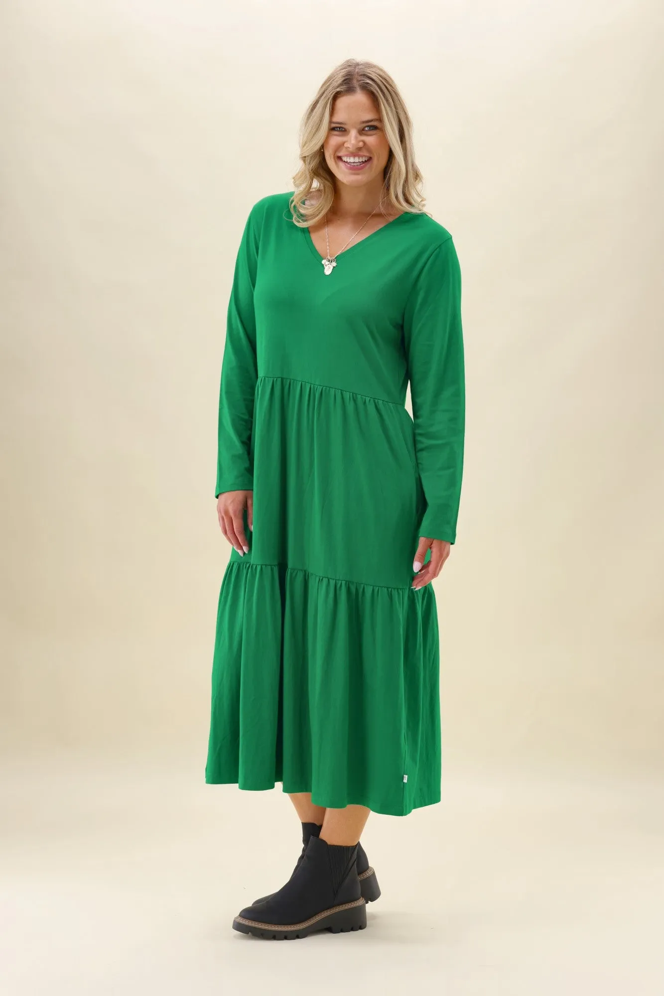 Shine On Essentials Long Sleeve Tiered Dress Forest Green sold by Shine On product image thumbnail 5