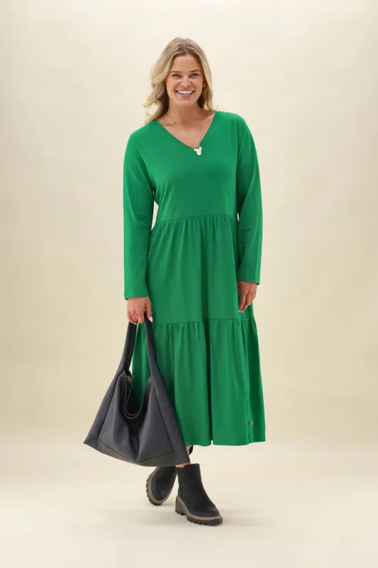 Shine On Essentials Long Sleeve Tiered Dress Forest Green made by Shine On