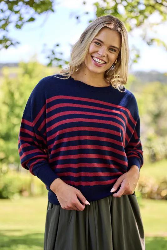Alpine by Shine On Georgia Striped Merino Batwing Top Navy & Berry sold by Shine On