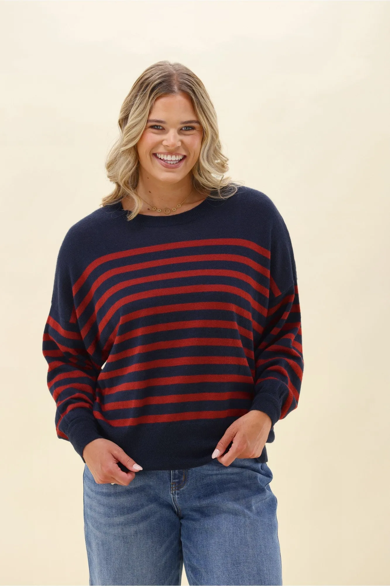 Alpine by Shine On Georgia Striped Merino Batwing Top Navy & Berry sold by Shine On product image thumbnail 3