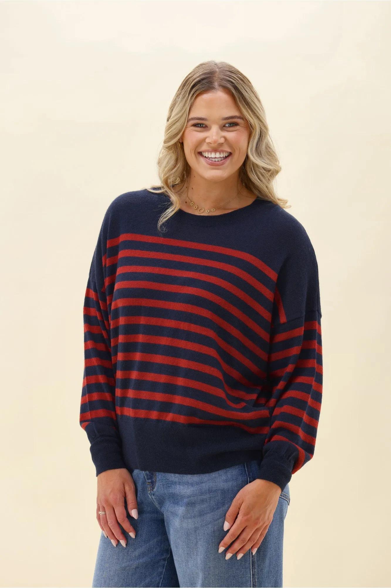 Alpine by Shine On Georgia Striped Merino Batwing Top Navy & Berry sold by Shine On product image thumbnail 5