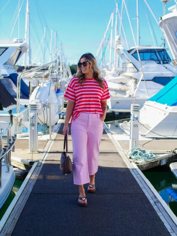 Shine On Essence Striped Relaxed Tee Pink Red made by Shine On