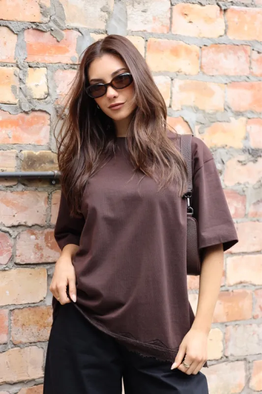 Ayva Lona Lace Trim Tee Chocolate made by Shine On