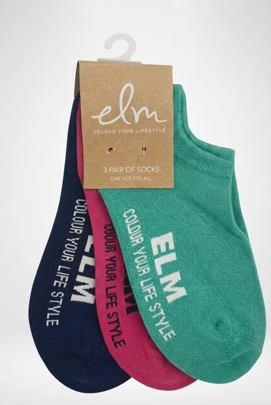 Elm No Show Socks 3Pk Navy Magenta Green Briar made by Elm Lifestyle