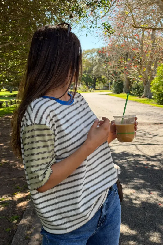 Foxwood Mash Up Stripe Tee SS Cream And Green Stripe made by Foxwood Clothing