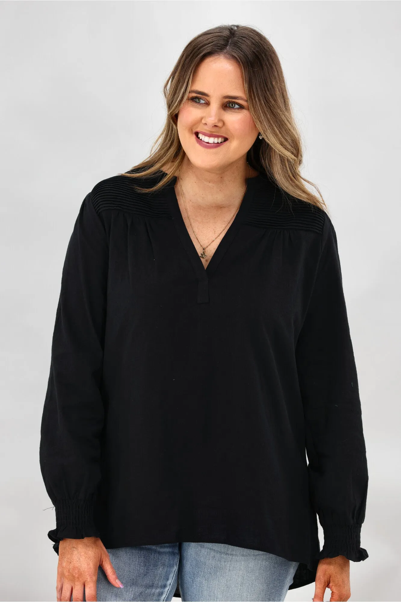 Cali & Co Pleated Shoulder Cotton Shirt Black sold by Shine On