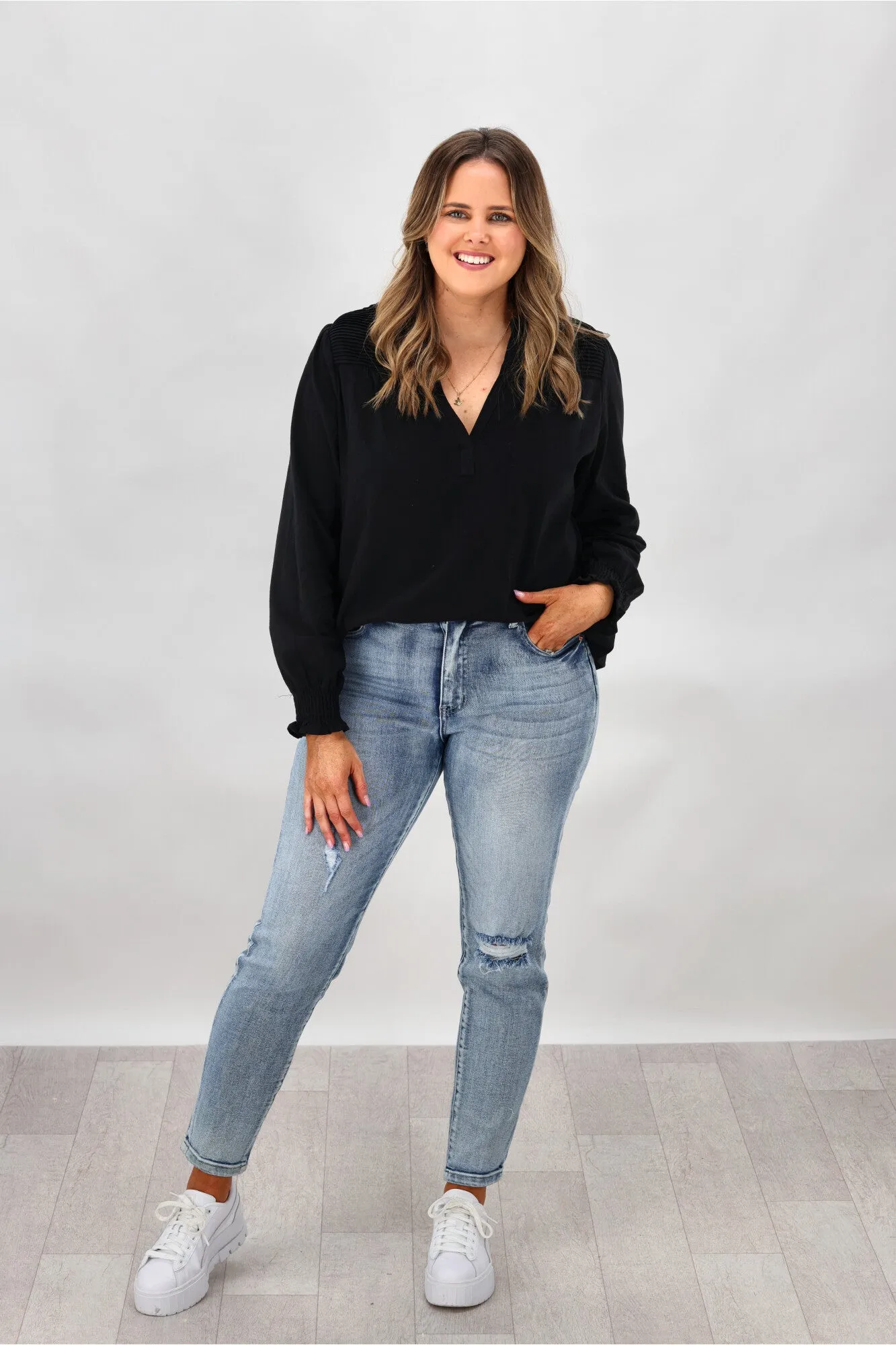 Cali & Co Pleated Shoulder Cotton Shirt Black sold by Shine On product image thumbnail 3