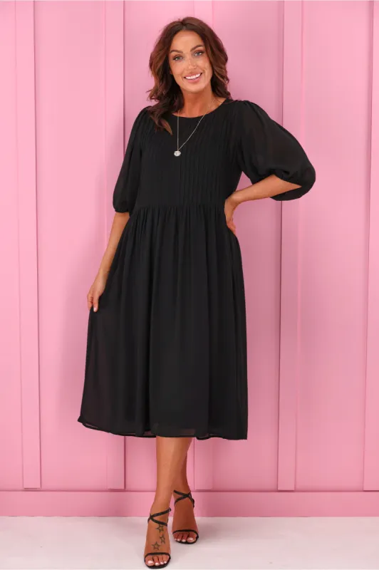 Jane James Laurel Pintuck Front Dress Black sold by Shine On