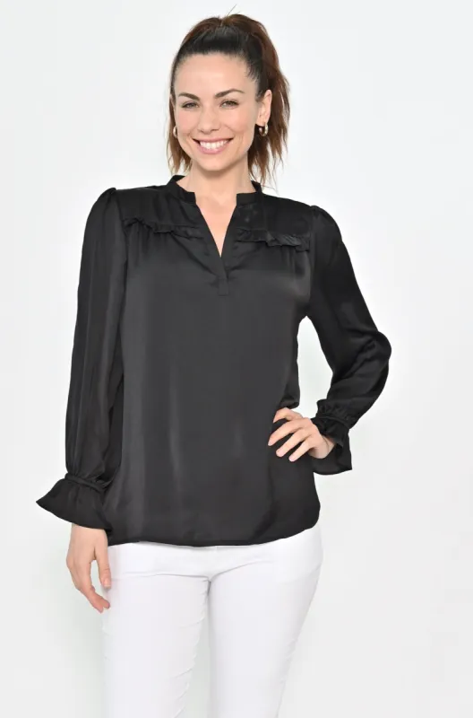 Cali & Co V-neck Frill Sleeve Satin Top Black sold by Shine On