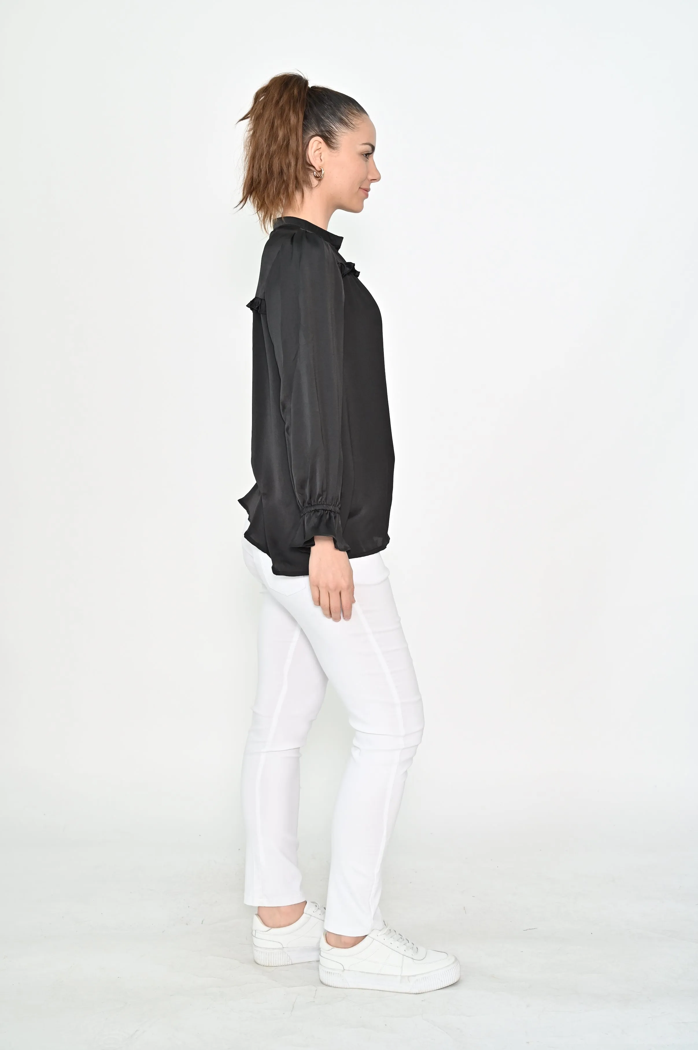 Cali & Co V-neck Frill Sleeve Satin Top Black sold by Shine On product image thumbnail 4
