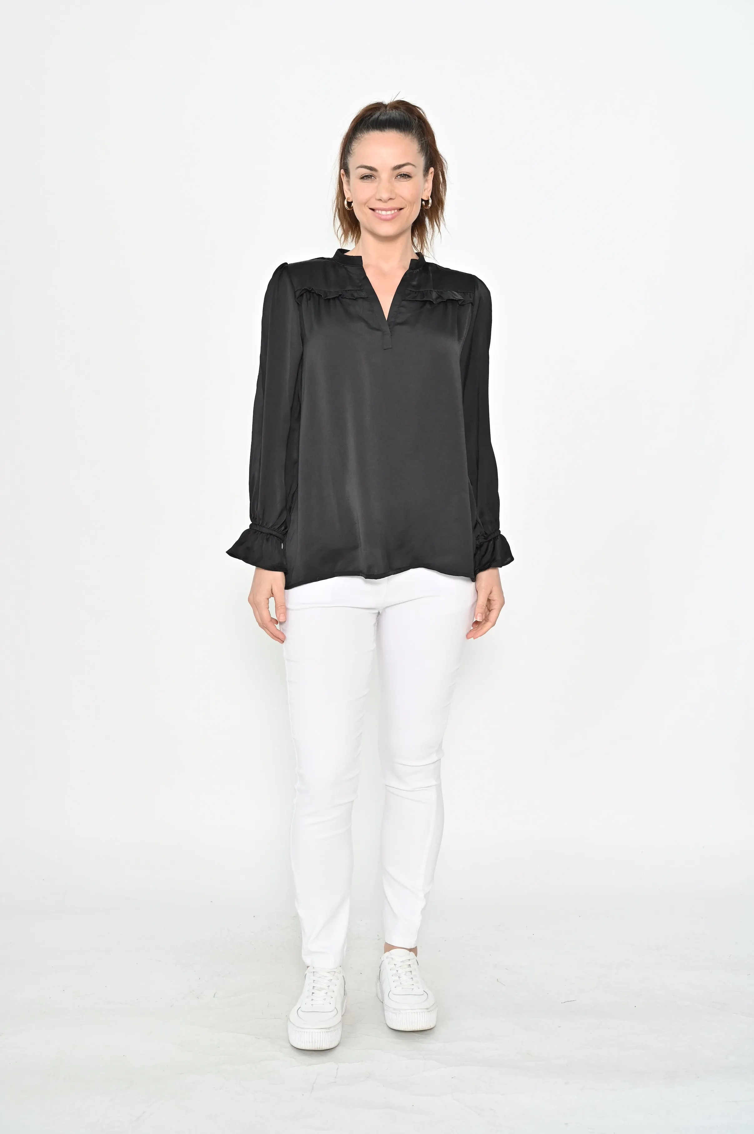 Cali & Co V-neck Frill Sleeve Satin Top Black sold by Shine On product image thumbnail 5